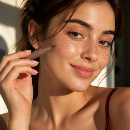 Woman with natural freckles holding the stamp pen
