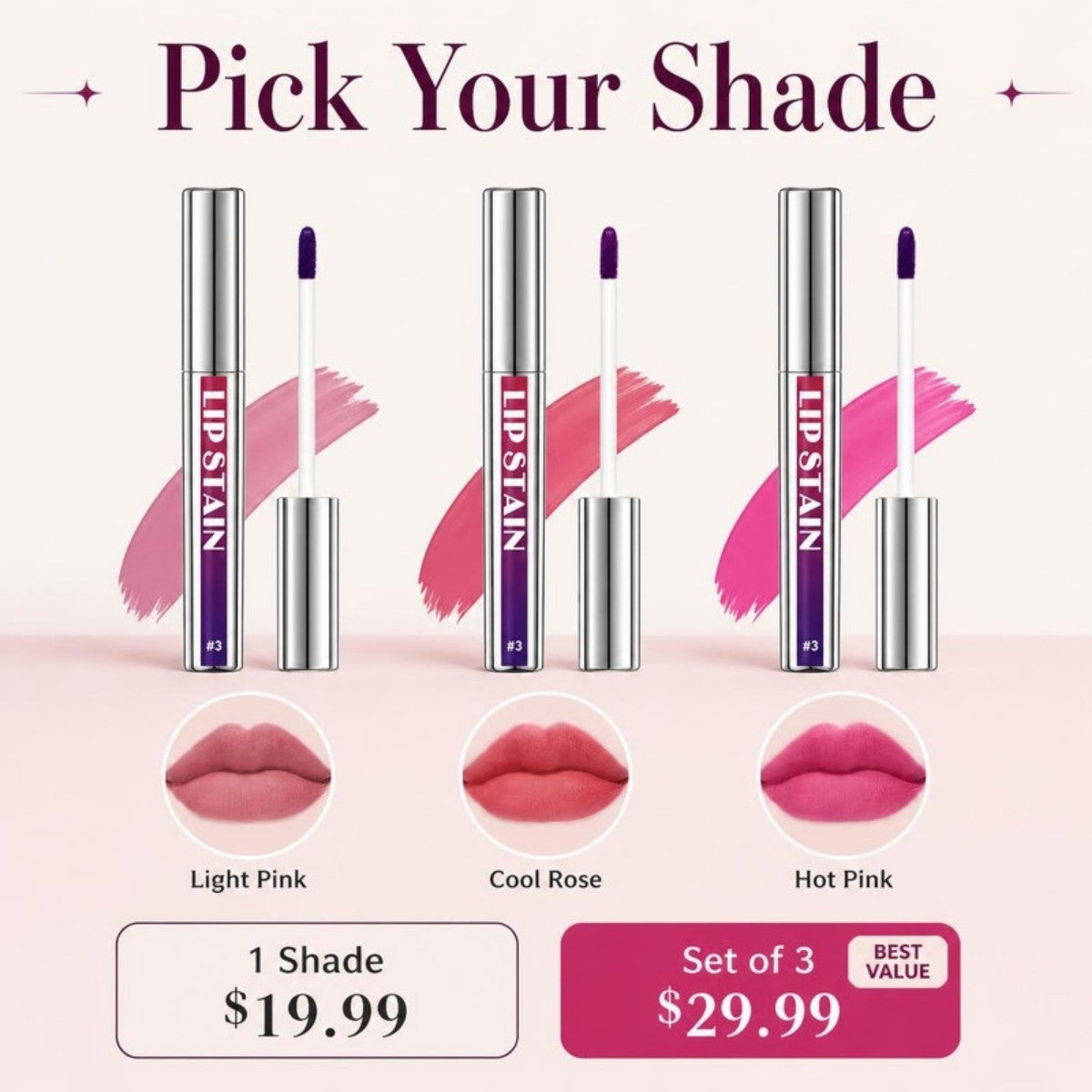 Pick your shade: Light Pink, Cool Rose, Hot Pink or Set of 3