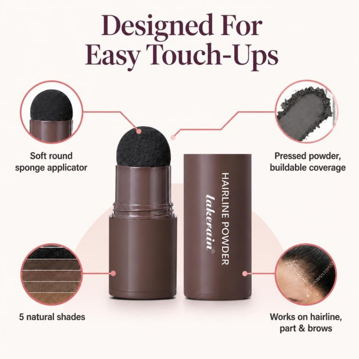Features: sponge applicator, pressed powder, 5 shades, hairline part and brows